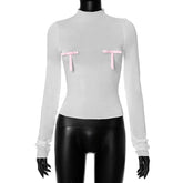 Bowknot contrast high neck long sleeve ruffle top